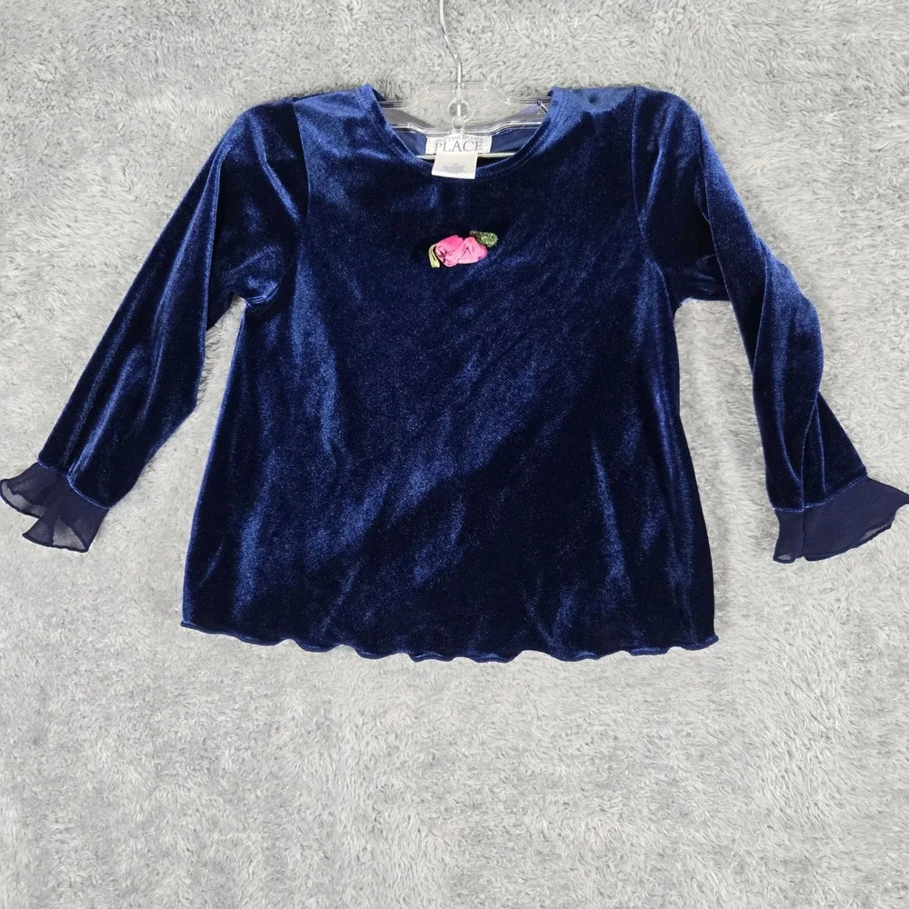 The Children's Place Navy Blue Velvet Floral Rosette Top Girls 3T Long Sleeve